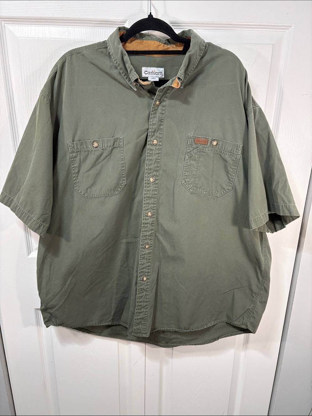 Carhartt XXL Olive Green Short Sleeve Button Front Work Shirt Relaxed Fit - Picture 3 of 8
